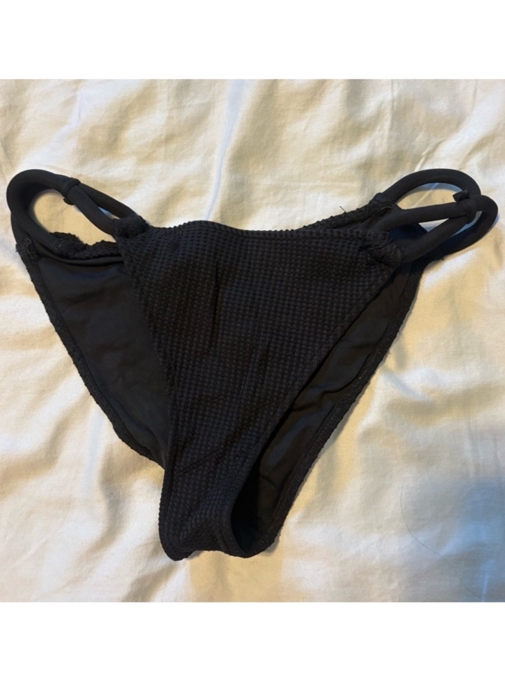 Black Textured Bikini Bottom with Double Side Straps